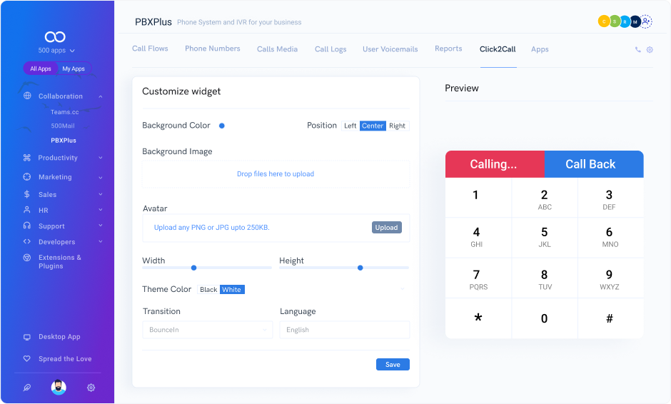 click2call web widget leave note